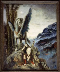 Il poeta viaggiatore, un viaggiatore pensieroso in meditazione presso il cavallo alato Pegaso