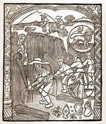 Calendario del pastore - I lavori dei mesi - Agosto - Xilografia dal libro del 1496 stampato da Guy Marchant (Guido Mercator) a Troyes - Incisione su legno in 