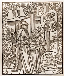 Calendario del pastore - I lavori dei mesi - Febbraio - Xilografia dal libro del 1496 stampato da Guy Marchant (Guido Mercator) a Troyes - Incisione su legno in 