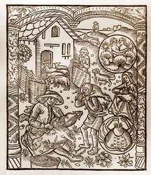 Calendario del pastore - I lavori dei mesi - Giugno - Xilografia dal libro del 1496 stampato da Guy Marchant (Guido Mercator) a Troyes - Incisione su legno in 