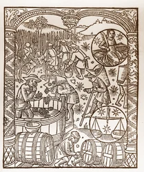 Calendario del pastore - I lavori dei mesi - Ottobre - Xilografia dal libro del 1496 stampato da Guy Marchant (Guido Mercator) a Troyes - Incisione su legno in 