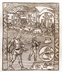Calendario del pastore - I lavori dei mesi - Settembre - Xilografia dal libro del 1496 stampato da Guy Marchant (Guido Mercator) a Troyes - In primo piano, contadini che seminano a spaglio - Xilografia in 