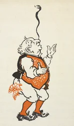 Illustrazione di un uomo elegantemente vestito che bilancia un serpente sul naso