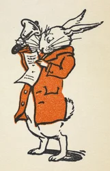 Illustrazione del Coniglio Bianco in una giacca rossa che suona una grande campana e legge