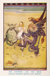 Il Grifone e la Finta Tartaruga ballavano in cerchio, dal libro per bambini Alice nel Paese delle Meraviglie, raccontato per i bambini da Irene Pearl; le immagini di Gwynedd Hudson
