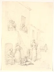 Donne e bambini fuori da una casa italiana