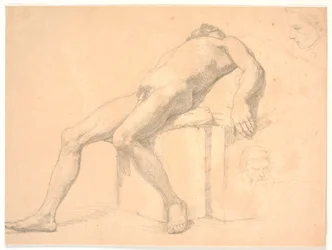 Studio di modello maschile nudo, reclinato. A destra due teste di ritratto, una forse Constantin Hansen