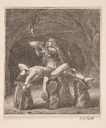Sigyn tiene la ciotola tra il serpente e Loki