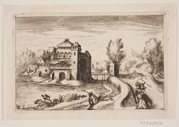 Paesaggio fluviale con castello su una collina