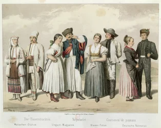 Costumi di contadini di Romania, Ungheria, Slovacchia e Germania (da sinistra a destra), da „Schizzi della vita popolare in Ungheria“ di Gabriel de Pronay, 1855