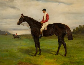 Zealot un cavallo da corsa baio con fantino, c.1871-1933
