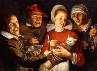 Un proverbio olandese - Una donna che nutre un gatto legato, circondata da uomini