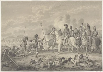 Il Duca di Wellington riceve durante la battaglia di Waterloo due stendardi conquistati ai francesi con aquile, 1815