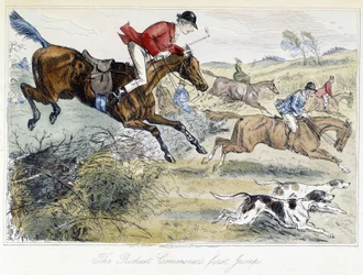 Scena di caccia, caricatura inglese sulla caccia alla volpe, tratta da "le avventure di Thomas Scott, o Hawbuck Grange", illustrazione di H.K. Browne e W.T. Maud