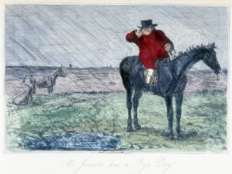 Scena di caccia a cavallo in un giorno di pioggia. Caricatura inglese sulla caccia alla volpe da "avventure di Thomas Scott o Hauwbuck Grange", illustrazione di H.K. Browne e W.T. Maud.