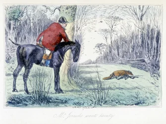 Scena di caccia a cavallo. Caricatura inglese sulla caccia alla volpe da "Avventure di Thomas Scott o Hawbuck Grange", illustrazione di H.K. Browne e W.T. Maud.