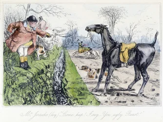 Scena di caccia a cavallo. Caricatura inglese sulla caccia alla volpe da "Le avventure di Thomas Scott o Hawbuck Grange", illustrazione di H.K. Browne e W.T. Maud