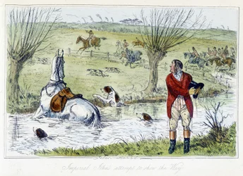 Cacciatore e il suo cavallo cadono in un cortile acquatico. Caricatura inglese sulla caccia alla volpe da "le avventure di Thomas Scott o Hawbuck Grange", illustrazione di H.K. Browne e W.T. Maud