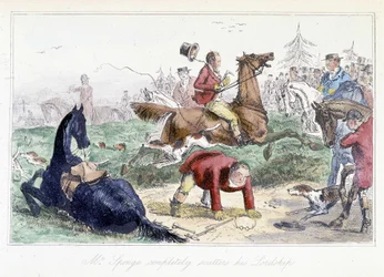 Cacciatore cade dal suo cavallo. Caricatura inglese dalle avventure di Thomas Scott o Hawbuck Grange", illustrazione di H.K. Browne e W.T. Maud