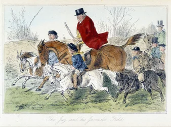Scena di caccia, caricatura inglese sulla caccia alla volpe tratta da "adventures of Thomas Scott or Hawbuck Grange", illustrazione di H.K. Browne e W.T. Maud