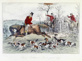 Scena di caccia in "Le avventure di Thomas Scott", illustrazione di H.K. Browne e W.T. Maud; caricatura inglese sulla caccia alla volpe