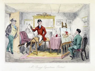 Pittore che realizza il ritratto equestre del signor Bragg in "Le avventure di Thomas Scott", illustrazione di H.K. Browne e W.T. Maud. Caricatura inglese sulla caccia alla volpe