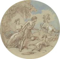 Uno di diciotto disegni per una serie di piatti che illustrano Venere e Adone