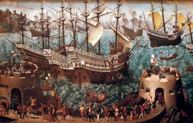 Imbarco di Enrico VIII (1491-1547) a Dover sul galeone Henri Grace a Dieu in occasione del trattato firmato con Francesco I (il Campo del Drappo d