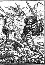 La falsa morte di Hans Holbein il Giovane: il soldato. Un soldato combatte la Morte; ai loro piedi giacciono i corpi di altri guerrieri. Incisione
