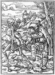 Le simulazioni della morte di Hans Holbein il Giovane (1497-1543): il cieco. La morte afferra il bastone del cieco e funge da guida. Incisione