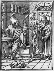 Le simulazioni della morte di Hans Holbein il Giovane: il dottore. La Morte si interpone tra il dottore e il suo paziente. Incisione