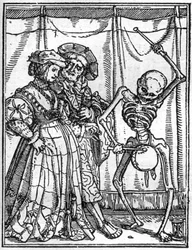 Le simulazioni della morte di Hans Holbein il Giovane (1497-1543): i mariti. La morte suona il tamburo davanti a una coppia. Incisione.