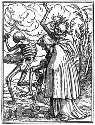 Le simulazioni della morte di Hans Holbein il Giovane (1497-1543): la vecchia. La morte accompagna una vecchia signora al suo destino. Incisione.