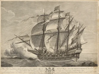 Questa stampa è la rappresentazione esatta di quella nave capitale, il Grande Harry, costruita nel cantiere navale di Sua Maestà a Woolwich durante il regno di re Enrico VIII Anno 1514