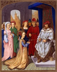 La regina di Saba davanti a Salomone - Miniatura del breviario del cardinale Grimani attribuita a Memling, Biblioteca Marciana, Venezia. XV secolo