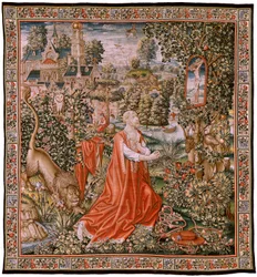 Arazzo fiammingo. San Girolamo penitente, o San Girolamo nel deserto. Modelli Cartone attribuito al circolo di Hans Memling (ca. 1433-1493) o Gerard David (ca. 1450-1523). Manifattura Tessitore sconosciuto.