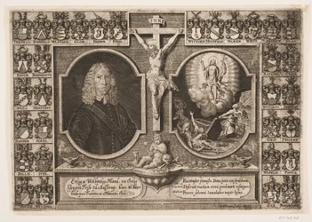 Gregers Friis ad Ålstrup e Cristo sulla croce e la resurrezione di Cristo. Circondato da scudi araldici