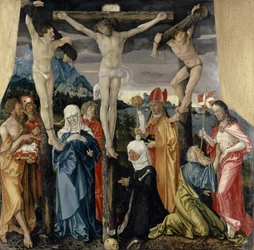 Cristo crocifisso con i ladroni, santi e una donatrice