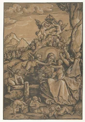 Maria con bambino e otto angioletti in un paesaggio