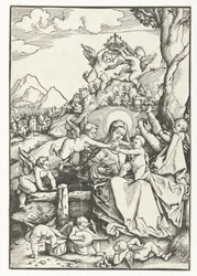 Maria con bambino e otto angioletti in un paesaggio