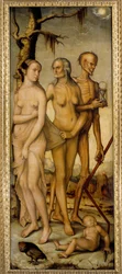 Le età della vita: Una giovane donna, un vecchio e uno scheletro che tiene una clessidra. 1540. Dimensioni: 1,51 x 0,61 m. Madrid, Museo del Prado
