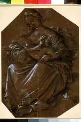 Vergine con bambino. Disegno a inchiostro e penna su carta marrone di Hans Baldung (1484-1545) XVI secolo Museo Puskin, Mosca