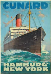 Poster pubblicitario per viaggi tra Amburgo e New York con la compagnia di navigazione Cunard