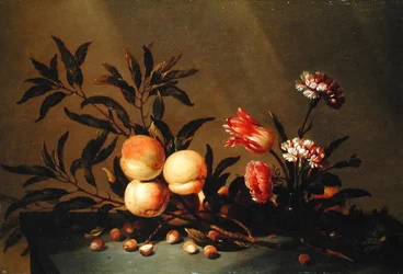 Natura morta di pesche e fiori