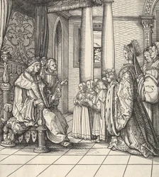 Il Re Bianco riceve sua figlia Margherita e i figli del Re Filippo, da Der Weisskunig, 1514-16