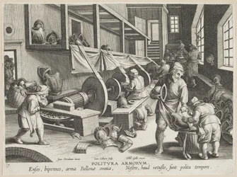 Politura delle armi, tavola 17 dalla serie Nova Reperta (Scoperte Moderne) c.1588 (incisione su carta vergata)