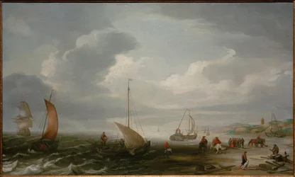 La spiaggia di Egmond aan Zee con pescatori che scaricano il pescato
