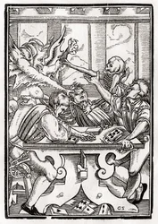 La morte e il diavolo vengono per il giocatore di carte, inciso da Georg Scharffenberg, da 