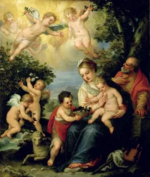 La Sacra Famiglia con San Giovanni Battista e angeli che distribuiscono fiori