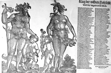 Manifesto sul ritiro degli uomini selvaggi dai boschi da un mondo che è cambiato in peggio, xilografia di Hans Guldenmundt, 1545